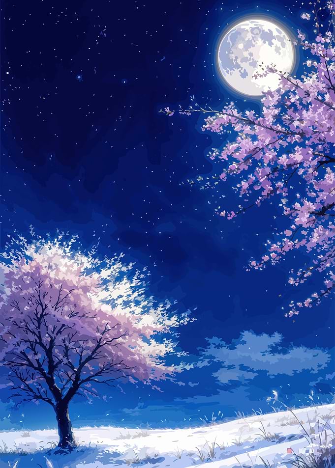 Cherry Blossom Tree Under Full Moon