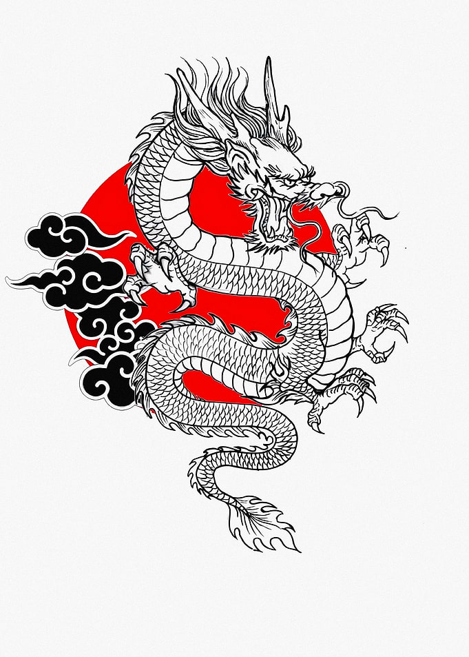 Japanese Dragon with Red Sun