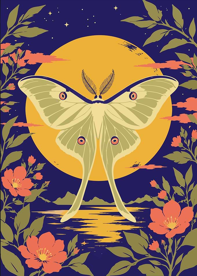 Moth and Moonlit Floral Minimalist Art