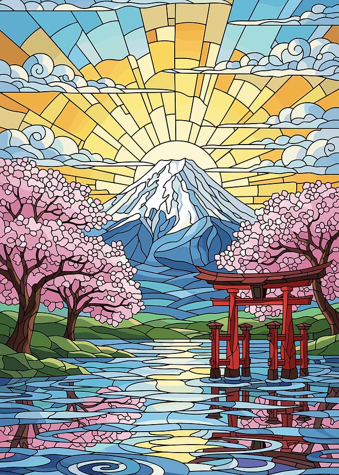 Stained Glass Mount Fuji Landscape