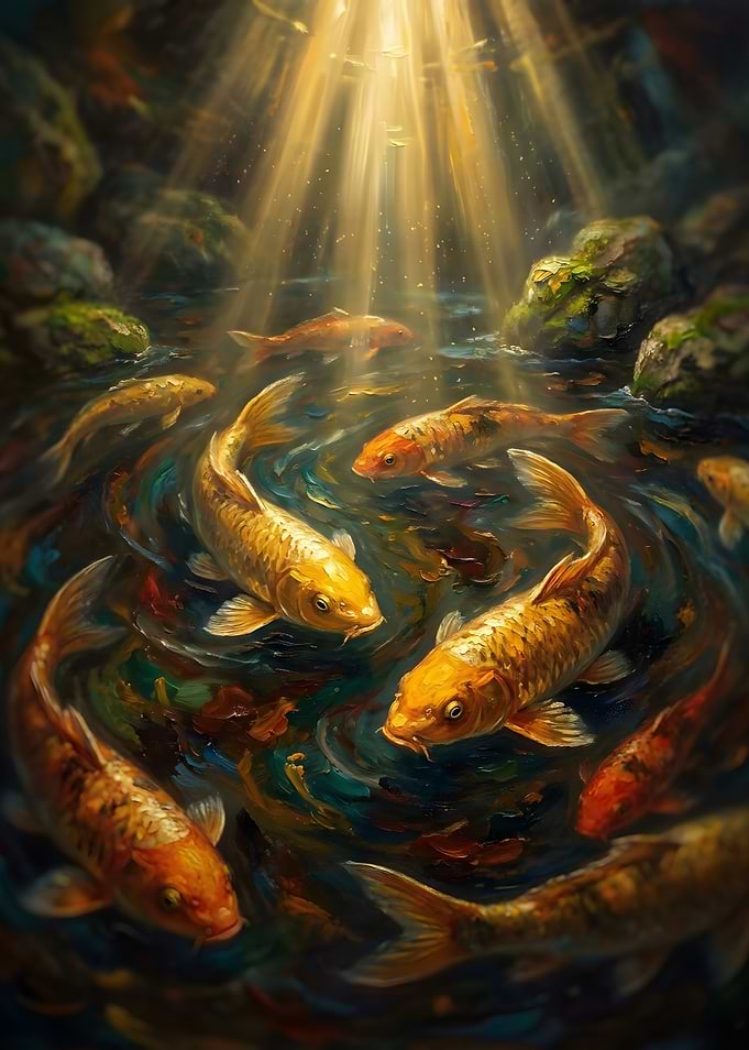 Golden Koi Fish in Sunlit Pond