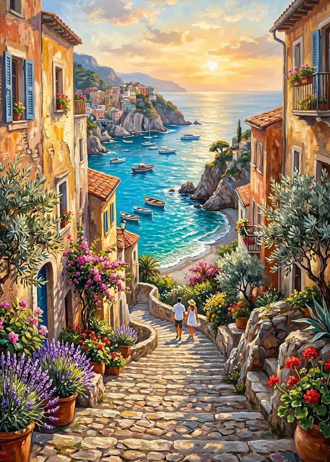 Couple Walking Down Italian Coastal Stairs