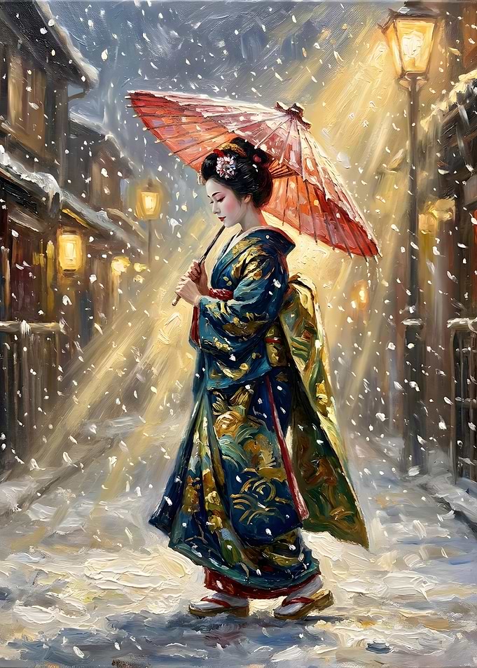Geisha Walking in Snowy Street