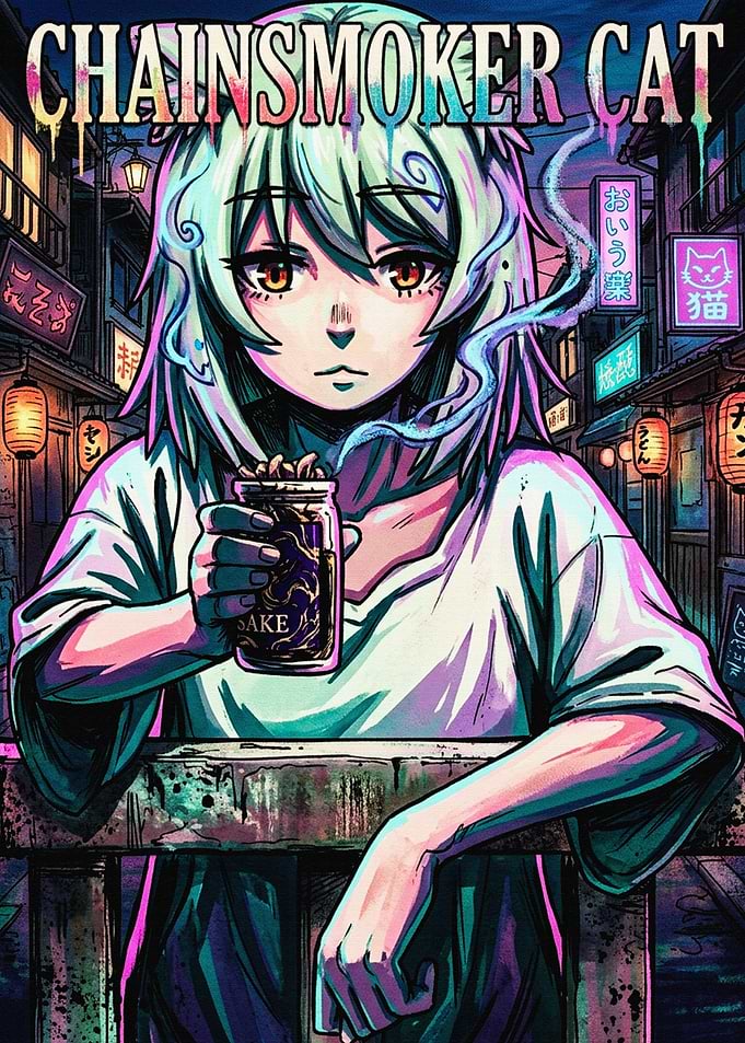 Chainsmoker Cat Anime Style Illustration