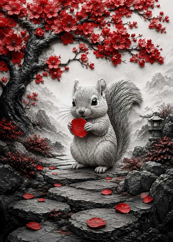 Cute Squirrel with Red Petals
