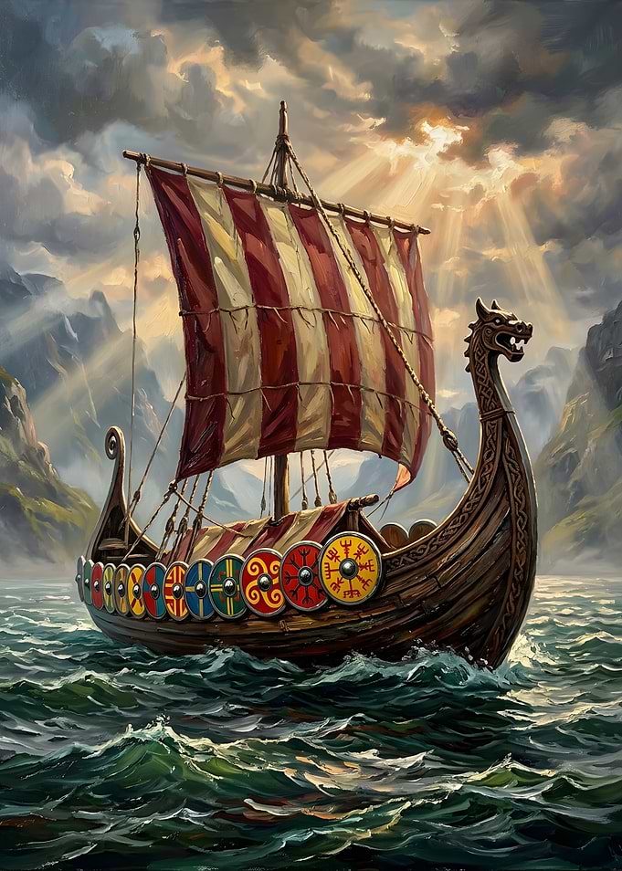 Viking Longship Sailing Through Fjord
