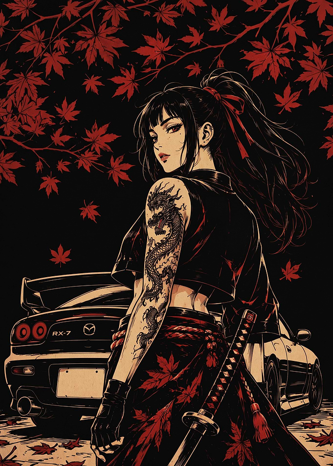 Anime Girl with Dragon Tattoo and RX-7