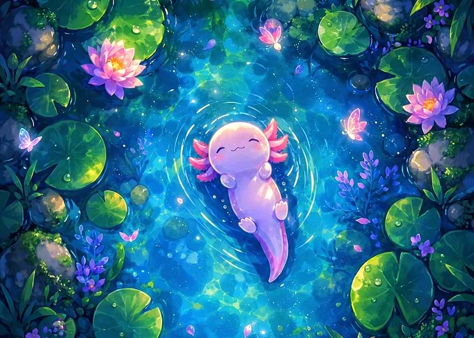 Cute Axolotl Floating in Pond
