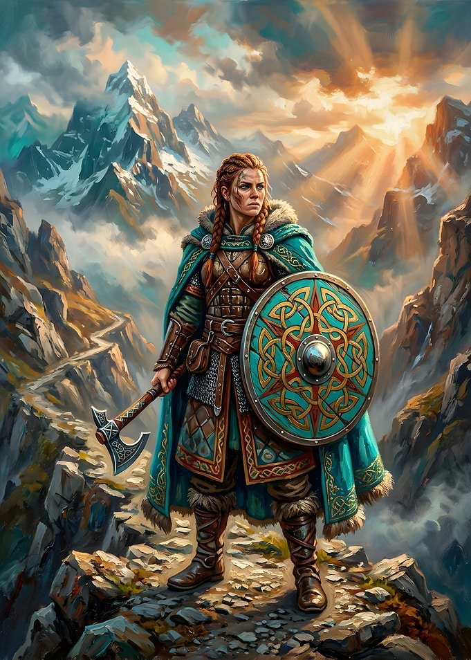 Viking Shieldmaiden in Mountain Landscape