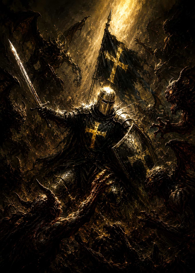 Crusader Knight Battling Demonic Horde