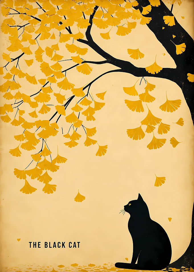 Black Cat Under Ginkgo Tree