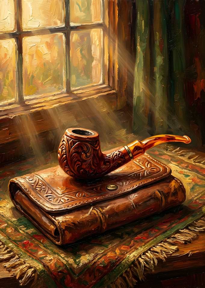Carved Tobacco Pipe on Leather Journal