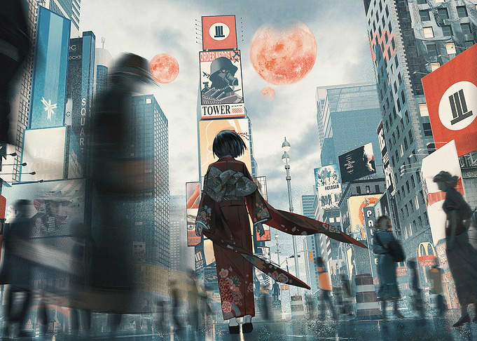 Girl in Kimono in Dystopian Times Square