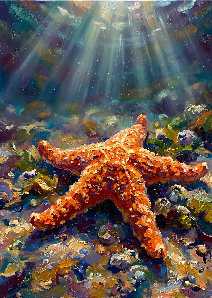 Vibrant Starfish Underwater Oil Painting
