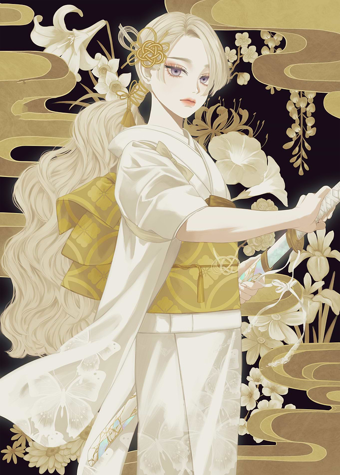 Elegant Woman in White Kimono with Sword