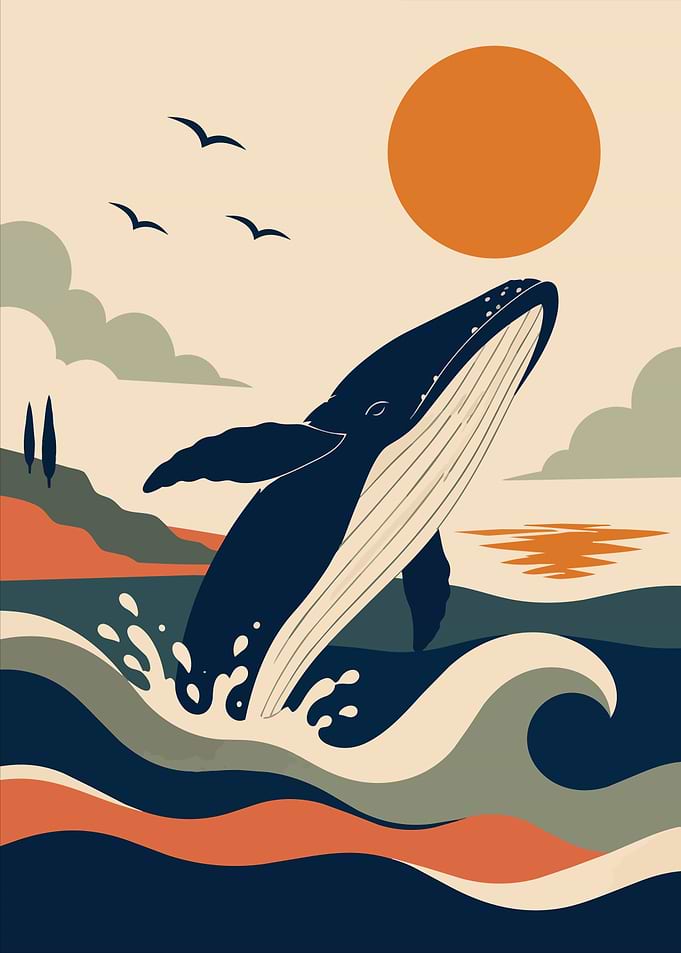 Minimalist Whale Sunset Landscape Boho Art
