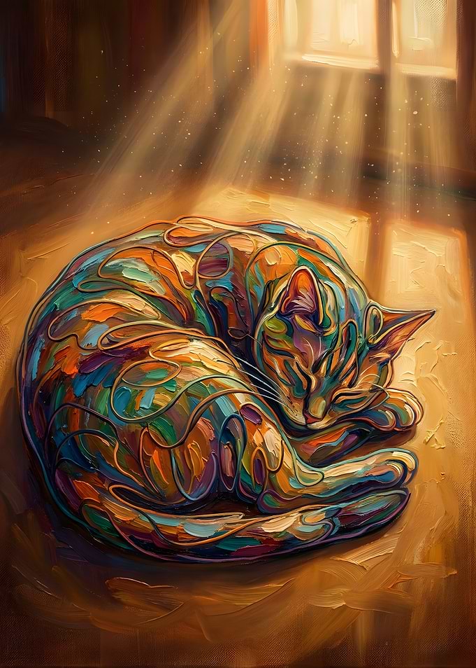 Abstract Oil Painting of Sleeping Cat