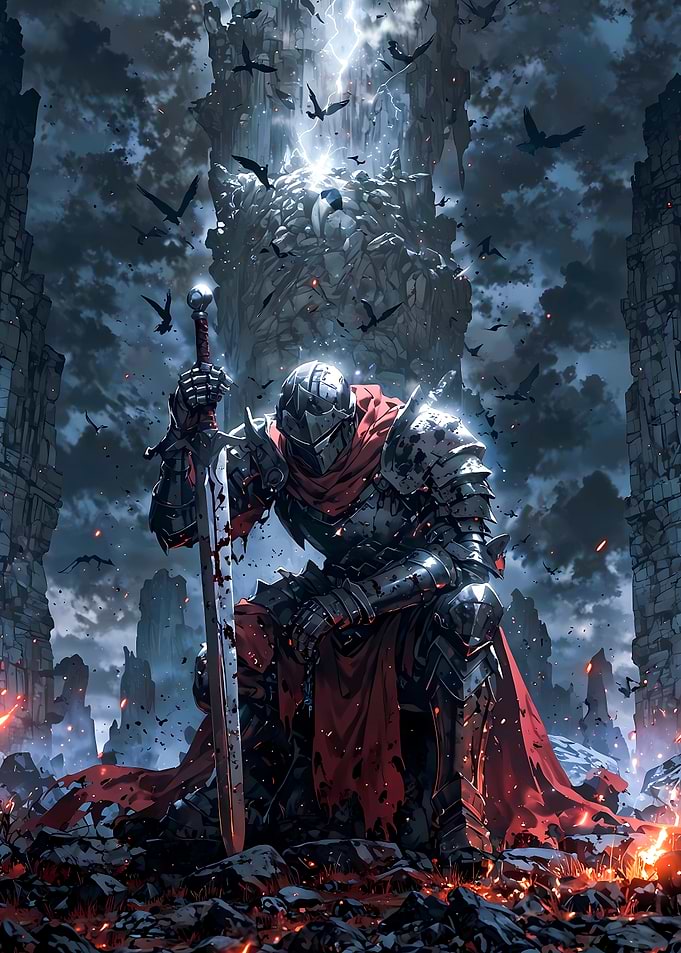Kneeling Knight in Dark Fantasy Landscape