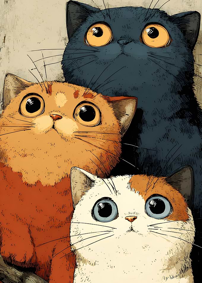 Three Cute Cats Looking Up Retro Illustration