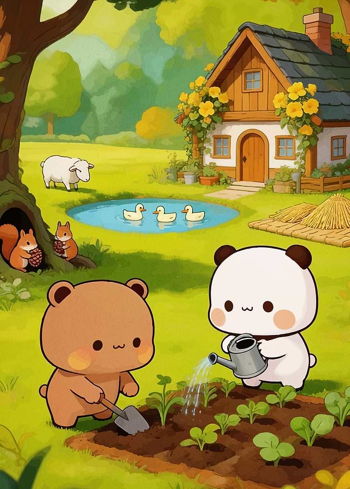 Cute Bear and Panda Gardening