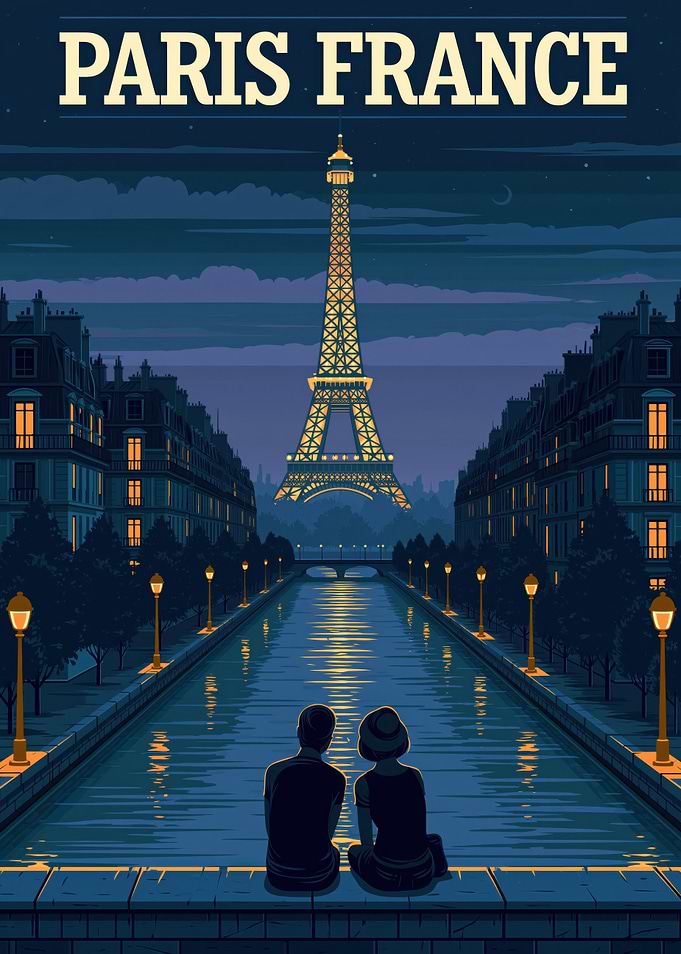 Paris France Eiffel Tower Night Poster