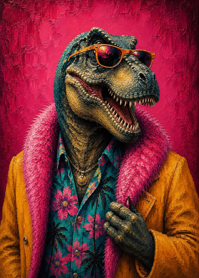 Stylish T-Rex in Tropical Attire