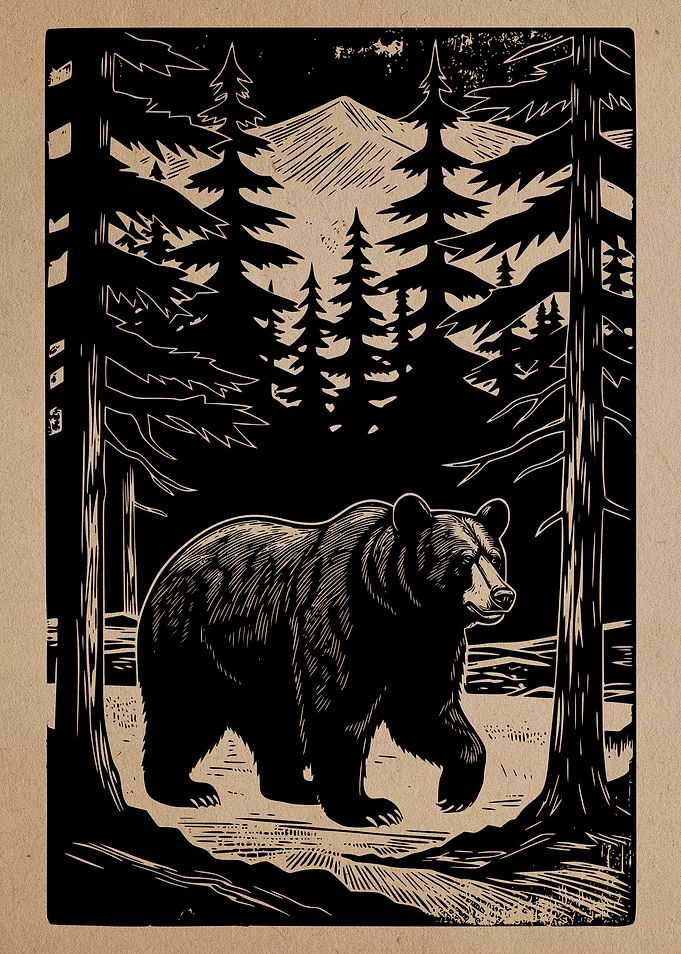 Woodcut Style Bear in Forest