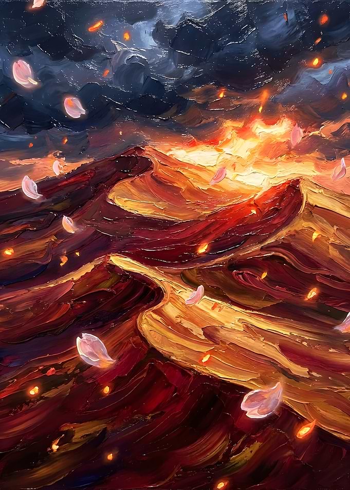 Fiery Landscape with Falling Petals