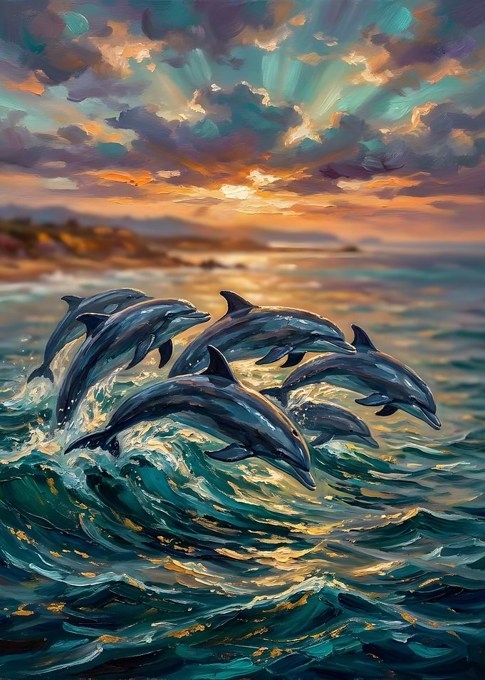 Dolphins Leaping at Sunset