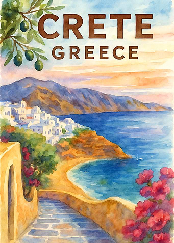 Crete Greece Vintage Travel Poster | Watercolor Mediterranean Coast Wall Art