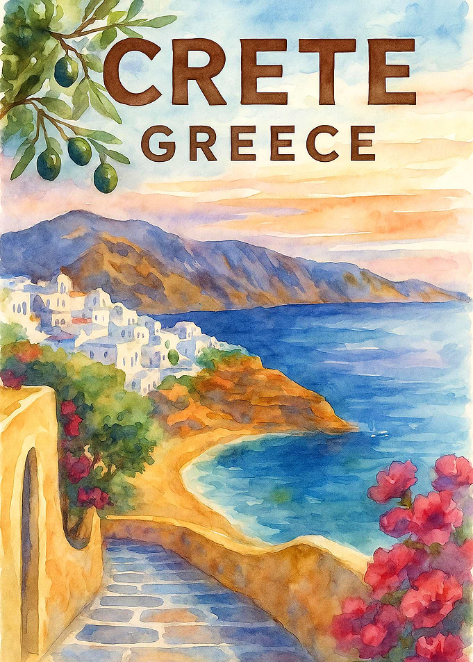 Crete Greece Vintage Travel Poster | Watercolor Mediterranean Coast Wall Art