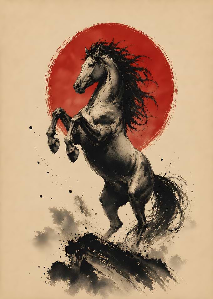 Majestic Rearing Horse Red Sun Ink Wash Art