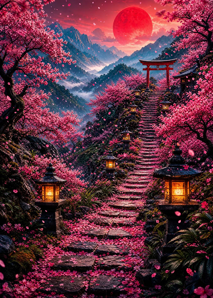 Cherry Blossom Path to Torii Gate