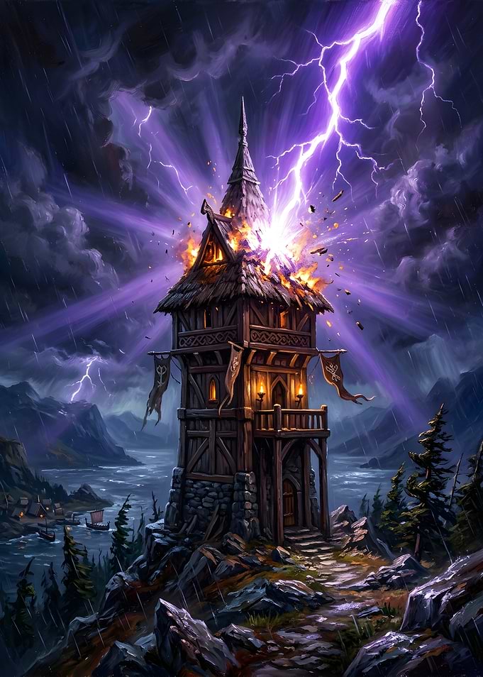 Lightning Striking a Fantasy Tower
