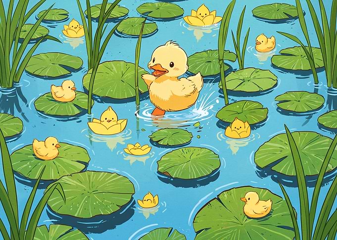Cute Ducklings on Lily Pads