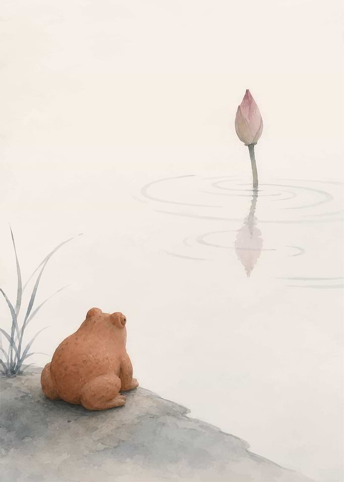 Frog Watching a Lotus Bud