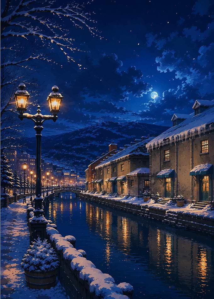 Snowy Otaru Canal at Night
