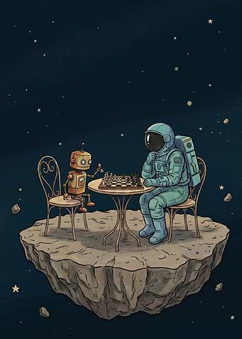 Astronaut Playing Chess with Robot in Space