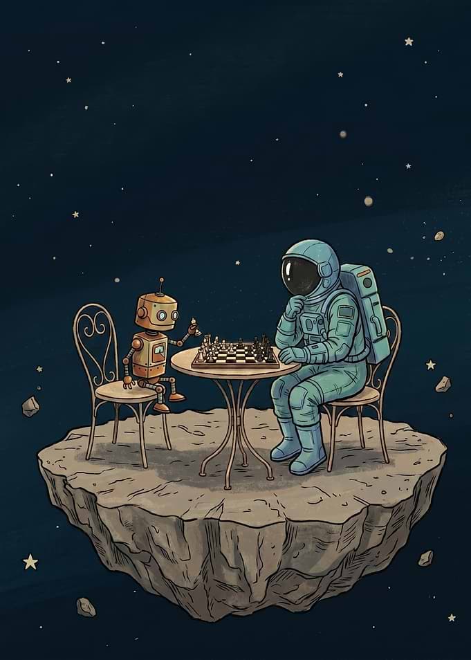 Astronaut Playing Chess with Robot in Space