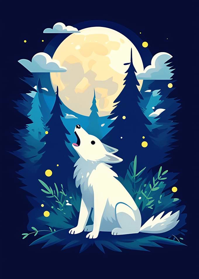 White Wolf Howling at Moon