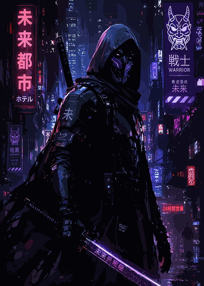Cyberpunk Samurai Warrior in Neon City