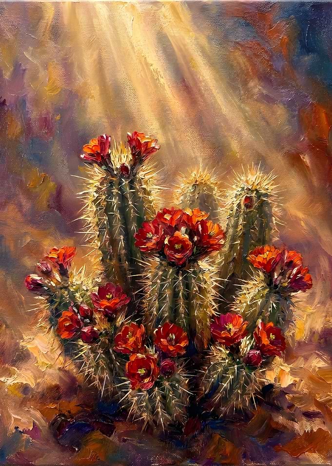 Blooming Desert Cactus Oil Painting