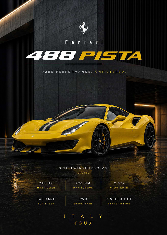 Ferrari 488 Pista Yellow Sports Car