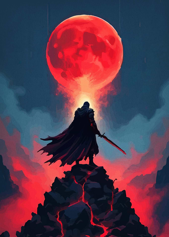 Warrior Standing Under Blood Moon