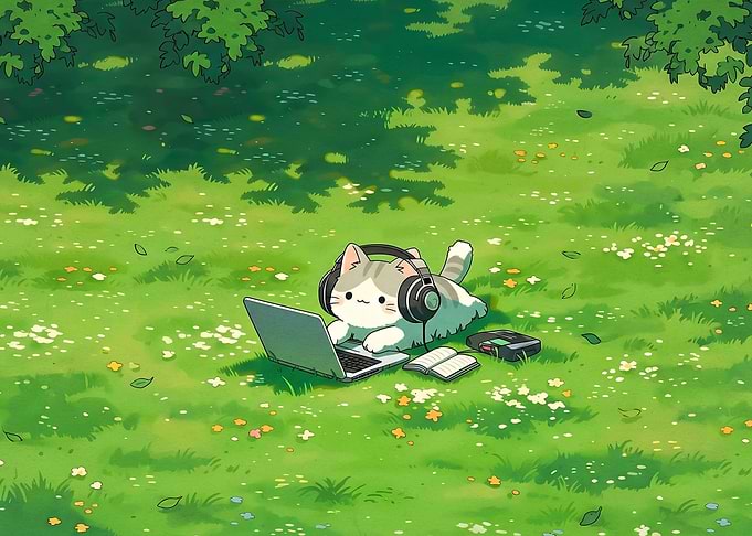 Cute Cat Working on Laptop Outdoors