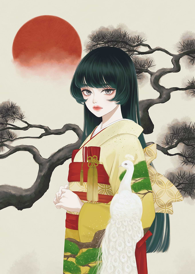 Elegant Woman in Kimono with Peacock