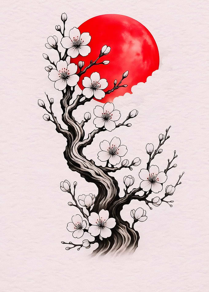Cherry Blossom Tree with Red Sun