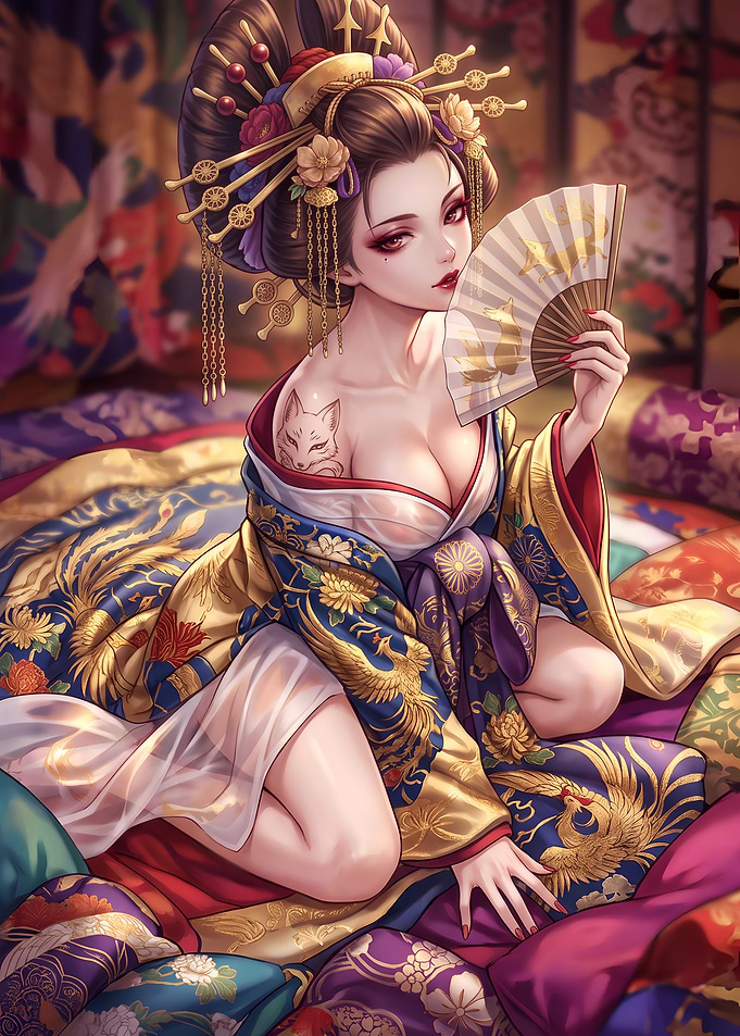 Beautiful Japanese Geisha with Kitsune Fan
