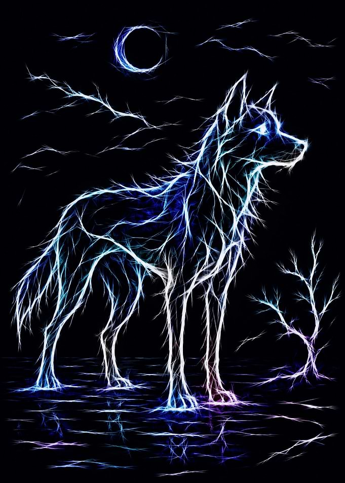 Neon Fractal Wolf Under Moonlight