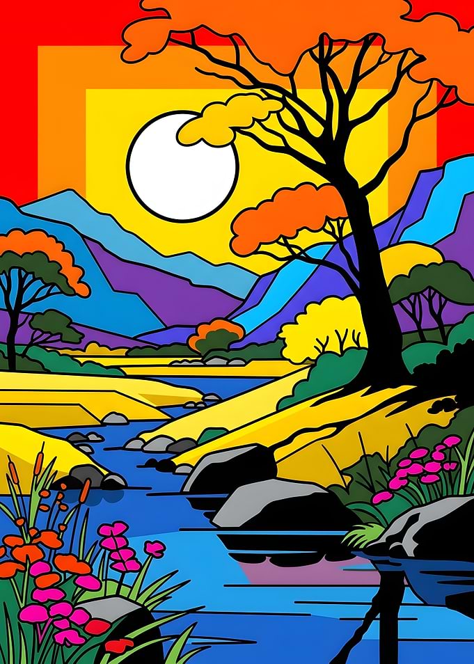 Vibrant Pop Art Landscape Illustration